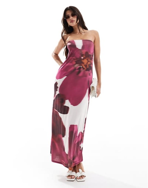bandeau column midi dress in white oversized floral print