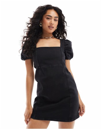 denim mini dress with puff sves in black
