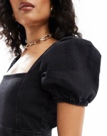 denim mini dress with puff sves in black