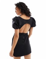 denim mini dress with puff sves in black