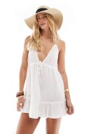halterneck tie front babydoll skater dress in white