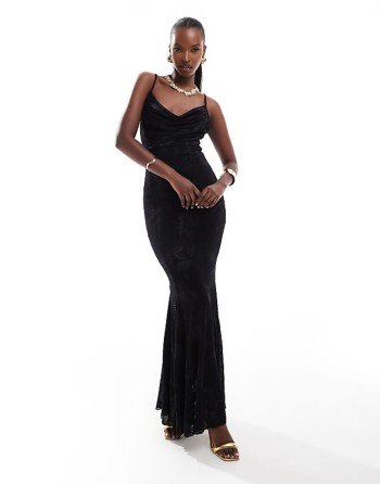 London devore velvet cowl neck fishtail maxi dress in black
