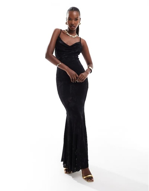 London devore velvet cowl neck fishtail maxi dress in black