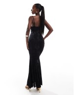 London devore velvet cowl neck fishtail maxi dress in black
