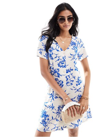 button through dress with tie detail in white floral