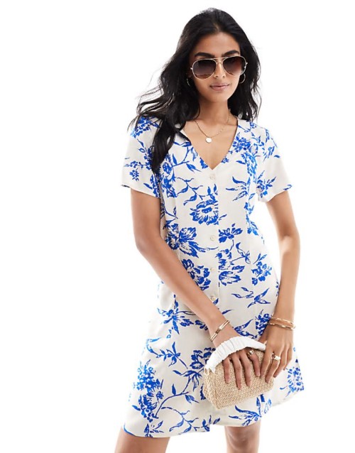 button through dress with tie detail in white floral