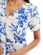 button through dress with tie detail in white floral