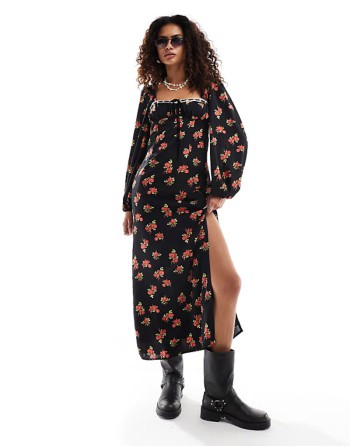 long sve bustier maxi dress in black floral