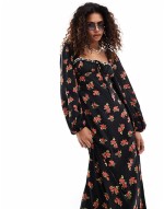 long sve bustier maxi dress in black floral
