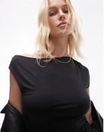 slinky asymmetric off the shoulder mini dress in black