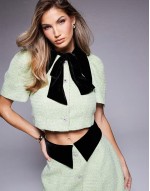 boucle and velvet miniskirt with embellished buttons and boucle and velvet puff sve top in olive