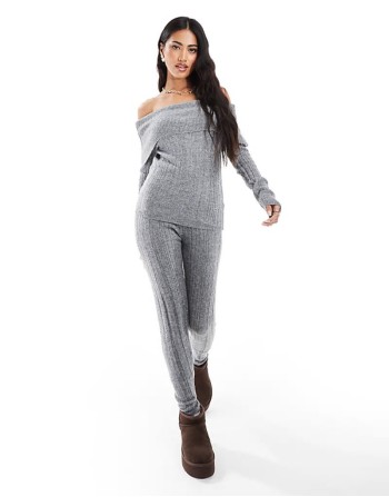 foldover  rib knitted jumper and leggings co-ord in grey