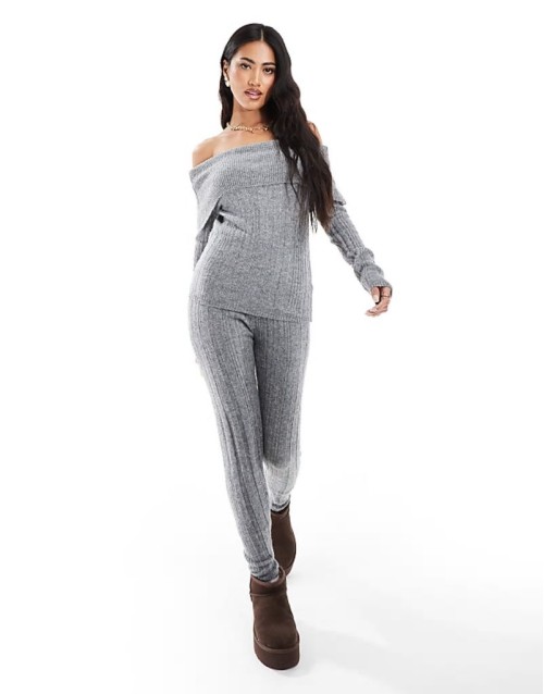 foldover  rib knitted jumper and leggings co-ord in grey