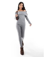 foldover  rib knitted jumper and leggings co-ord in grey
