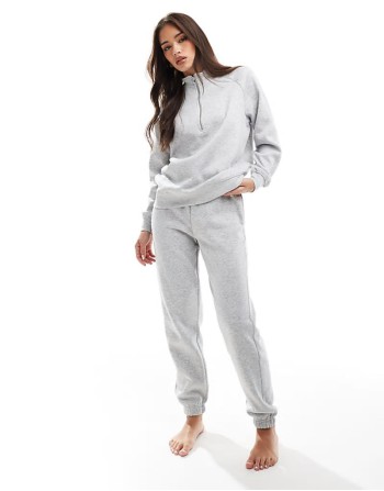 half zip sweat & jogger co-ord with tie waist in light grey melange