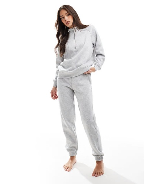 half zip sweat & jogger co-ord with tie waist in light grey melange