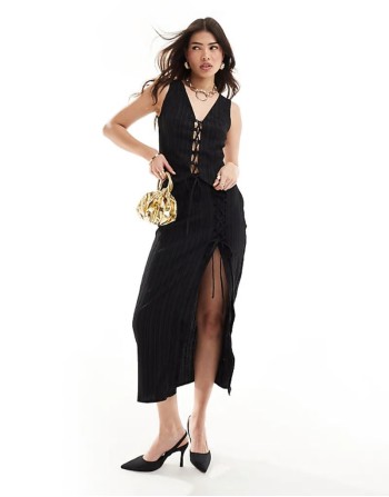 lace up crinkle co-ord midi skirt & tie front waistcoat top in black