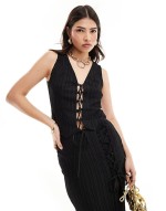 lace up crinkle co-ord midi skirt & tie front waistcoat top in black